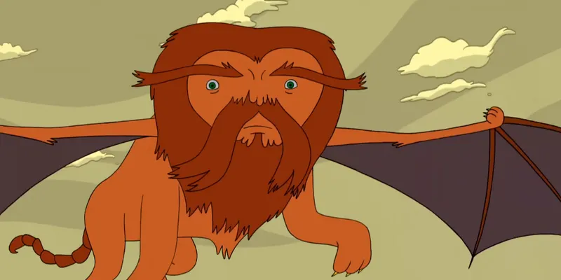 Page banner. Drawing of a tiny manticore as seen in the series Adventure Time. The manticore flies towards the viewer.